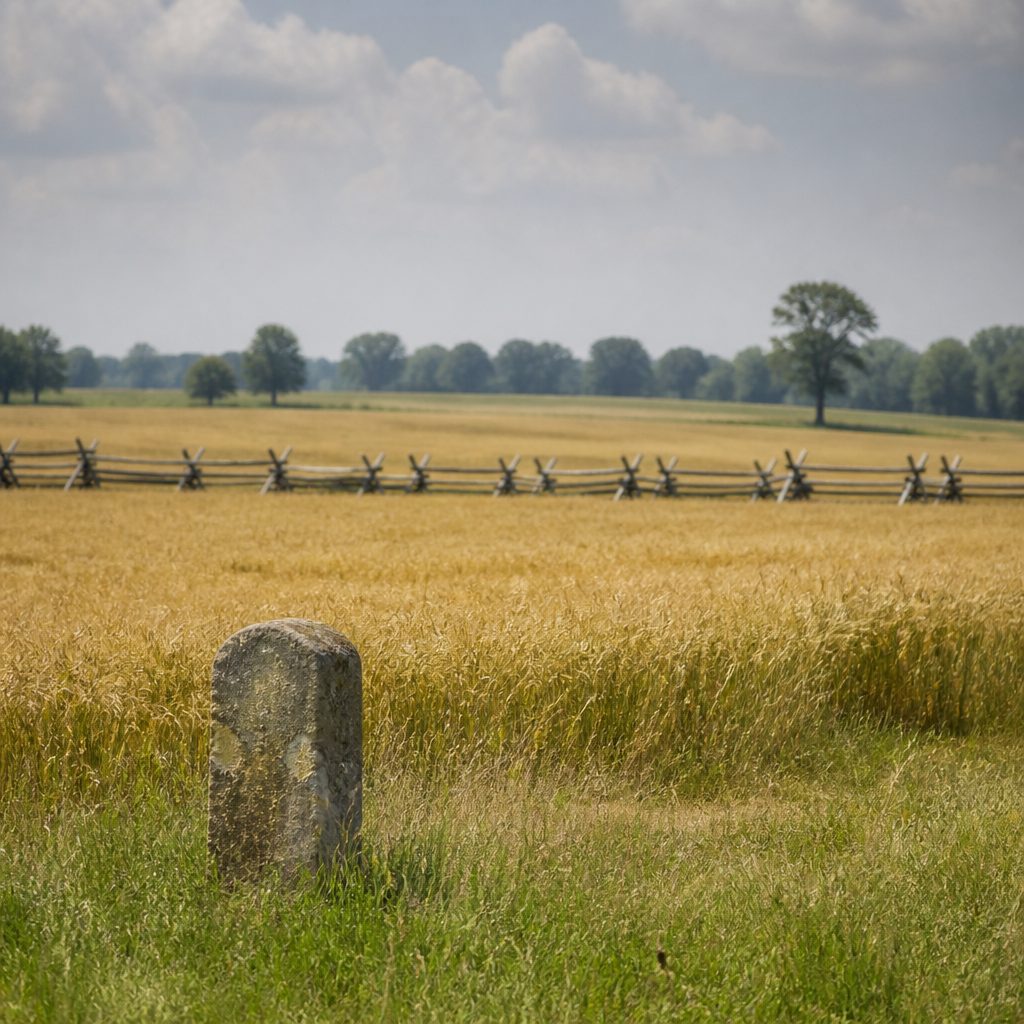 A quiet American Civil War battlefield in summer: a wide field of ripe wheat and grass under a hazy sky, a split rail fence along the far edge, and a low weathered stone marker standing alone in the foreground.