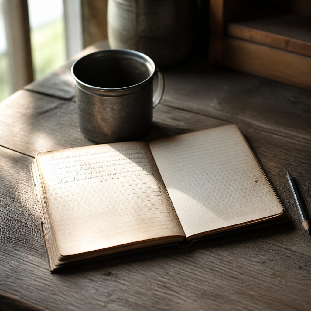 A worn notebook open on a plank table beside a tin cup and a stub of pencil, three short lines of handwriting visible on the left page, daylight falling from one side.