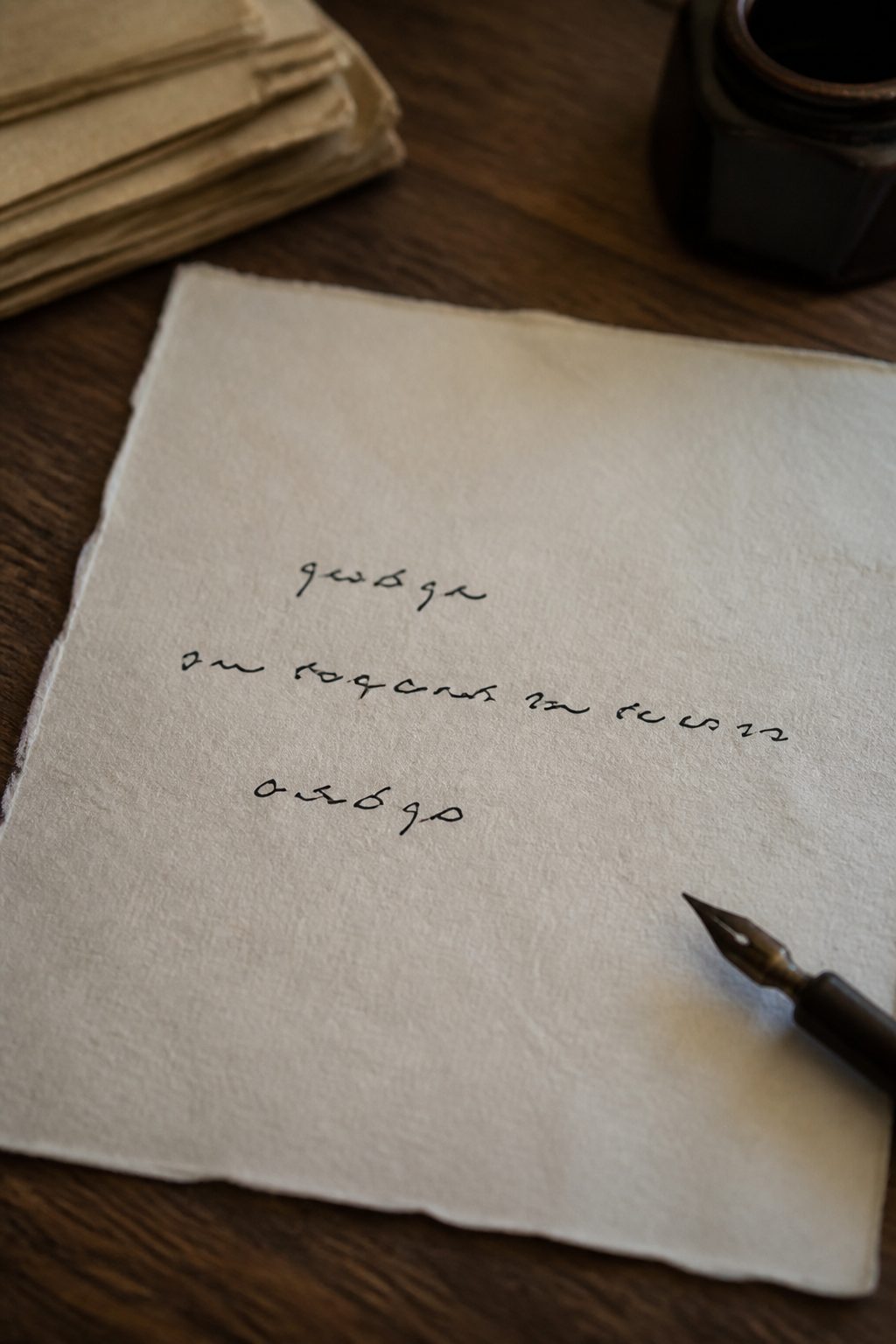 Close view of a sheet of laid paper with a three line poem written in ink, the second line noticeably longer than the first and third, and a pen resting at the edge of the sheet.